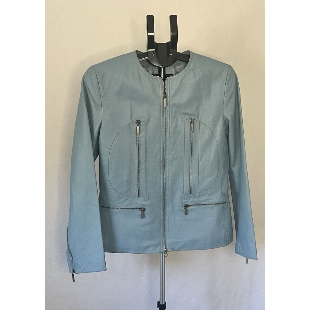 Prague Leather Y2k  Blazer Blue Minimalist Zip Moto Style Polyester Lined LAR
